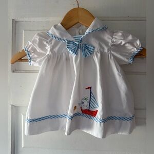 Vintage White Baby Dress with Sailboat Embroidery